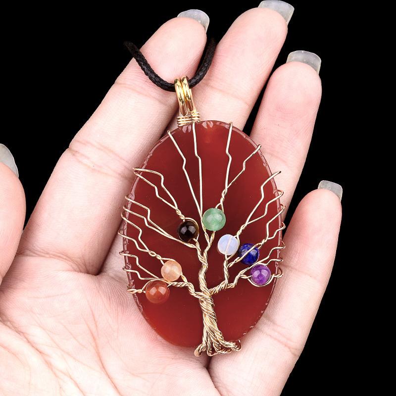 

Natural Agate Stone Life of Tree Pendant Necklace Rough Wire Winding Pendant Sweater Chain Jewelry Women s for Necklace 7 Chakra