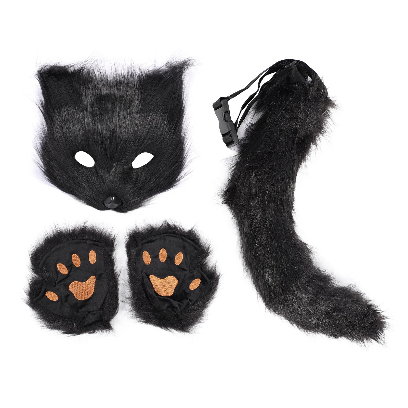

Лисий чехол для лица перчатки хвосты комплект пушистый плюш искусственный мех мягкий приятный для кожи костюм аксессуары животное чёрный