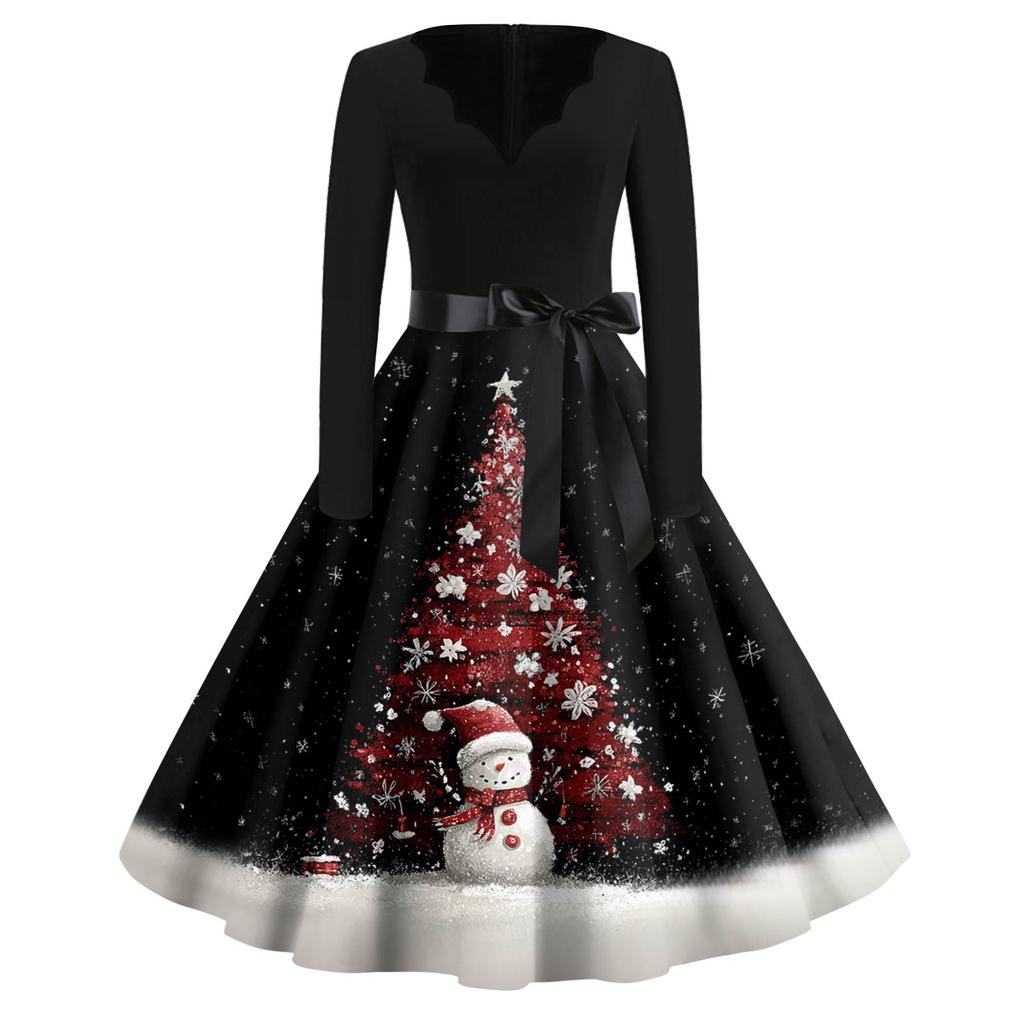 Women's Fashion V-Neck Relaxed-Fit Christmas Print Long-Sleeved Dress
