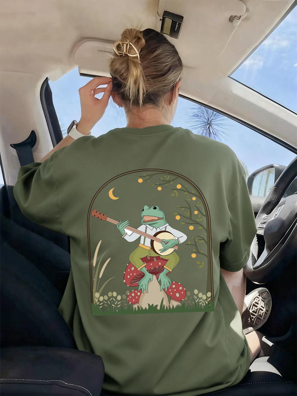 

Frog Playing Banjo On Mushroom Printed TShirts Women Casual ONeck Short Sleeve Tops Loose T Shirts Summer Soft Womans Clothing S
