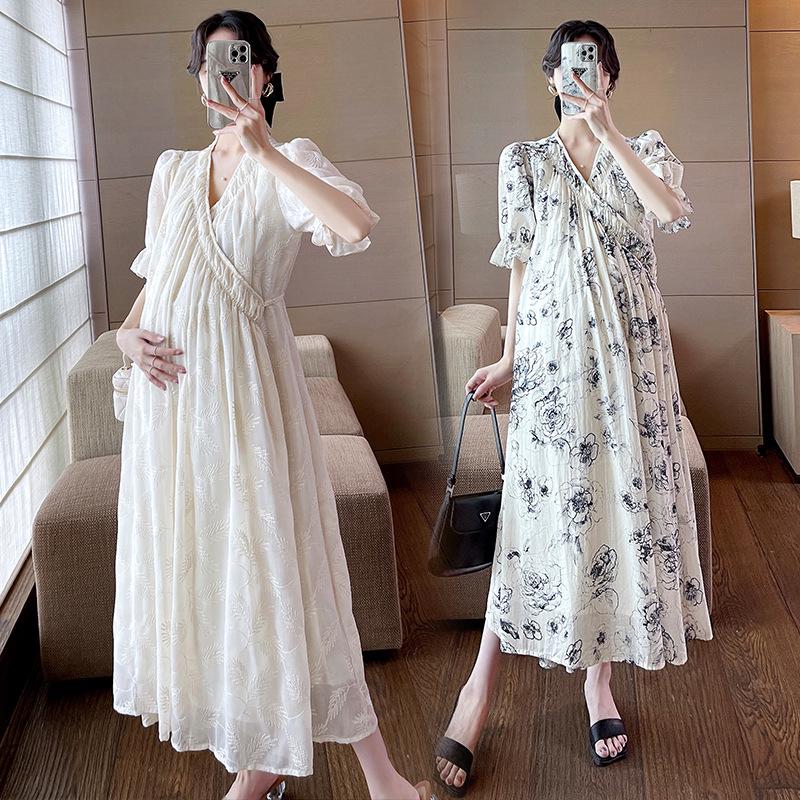 Summer Loose French Retro V-neck Floral Maternity Dress XL
