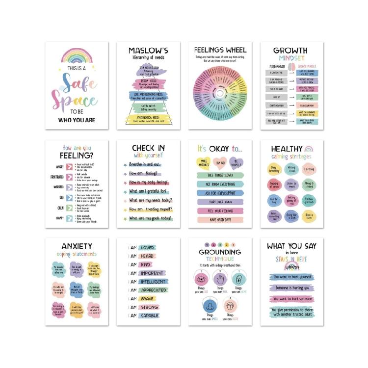 12 Sheets Classroom Calming Corner Posters Mental Health Counseling Posters 10x14Inch For Office School Classroom