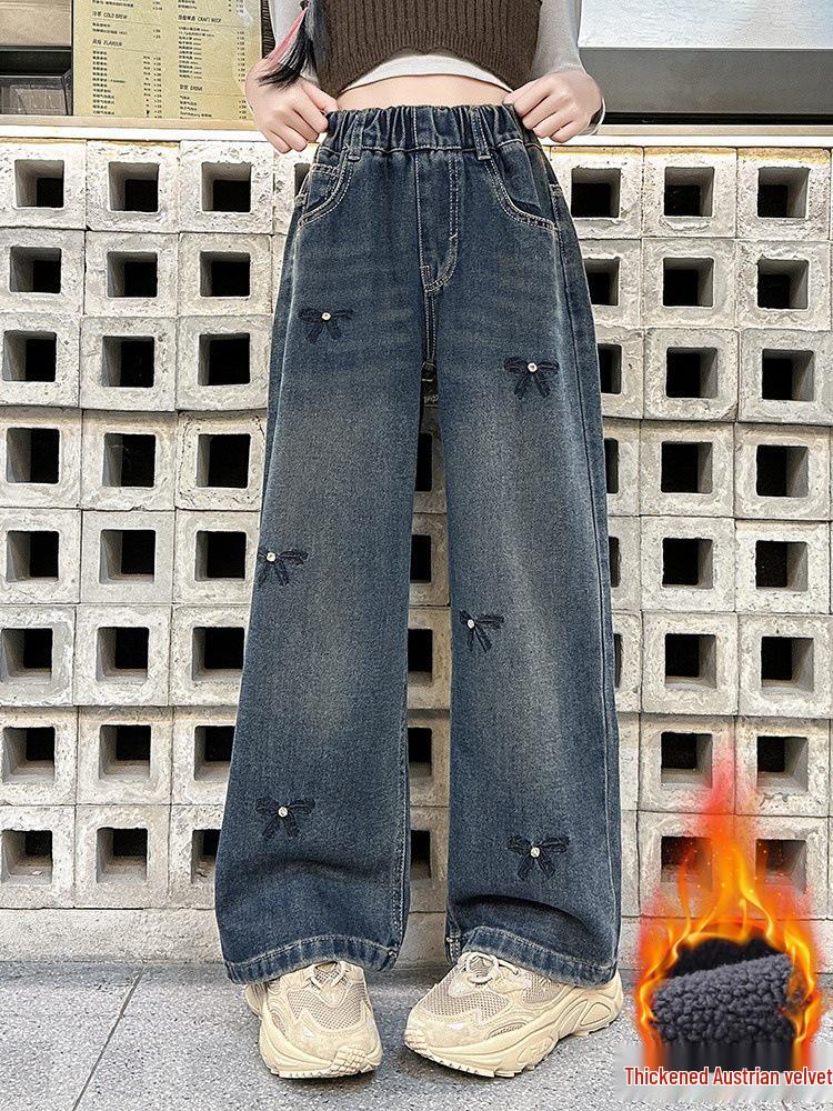 Girls' 2025 Fleece-Lined Wide-Leg Denim Pants - Autumn/Winter Style