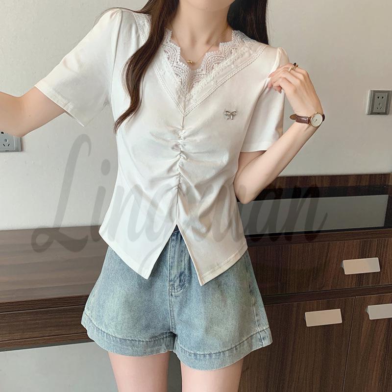 

2026 Summer Plus Size Women s Korean Bow Lace Ruffle Short Sleeve T-shirt 2XL Plus Size брудно-білий