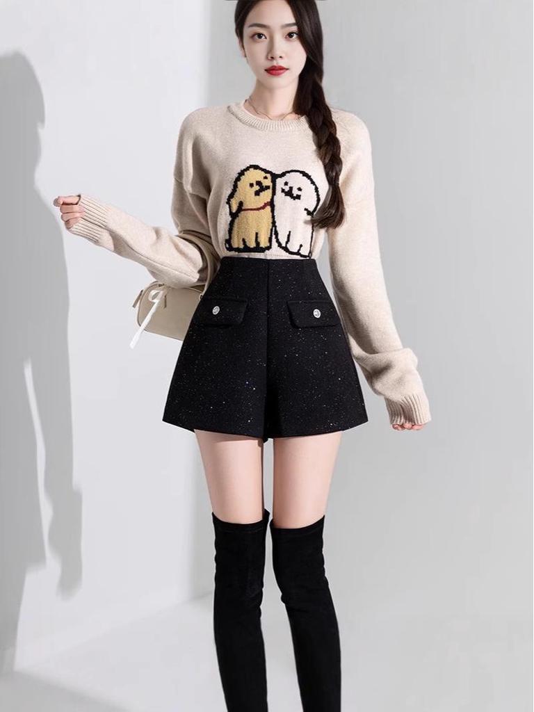 High-Waisted Black Sequin Woolen Shorts for Women - Winter 2026 A-Line Slimming Style, Perfect with Boots and Outerwear