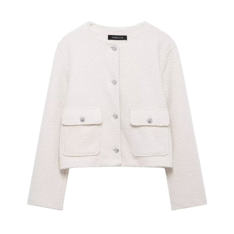 

Kaslead New Women clothes Western Style Decorated Row Button Pique round Neck Long sleeve Jacket 5070153 White L