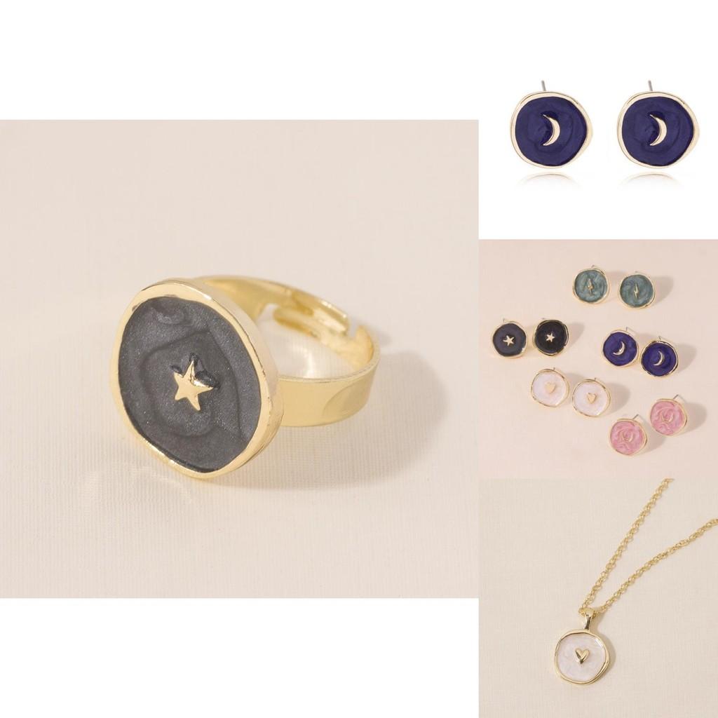 Elegant Heart Moon Star Earrings Ring Necklace Set Geometric Alloy Plated Jewelry
