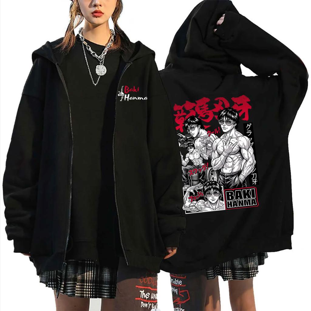 Anime Baki Hanma Graphic Zipper Hoodie Men'S Women'S Casual Manga Oversized Zip Up Jacket Coat Unisex Fashion Vintage Streetwear