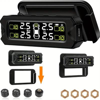 Bezdrátový systém monitorování tlaku v pneumatikách se solárním držákem pro automobily, SUV, pickupy, MPV a ORV se 4 senzory