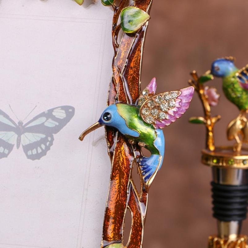Elegant Emaille Bloemen Vogel Metalen Fotolijst Met Strass Accent Antiek Fotolijstje Voor Tafelblad Planken Decoraties