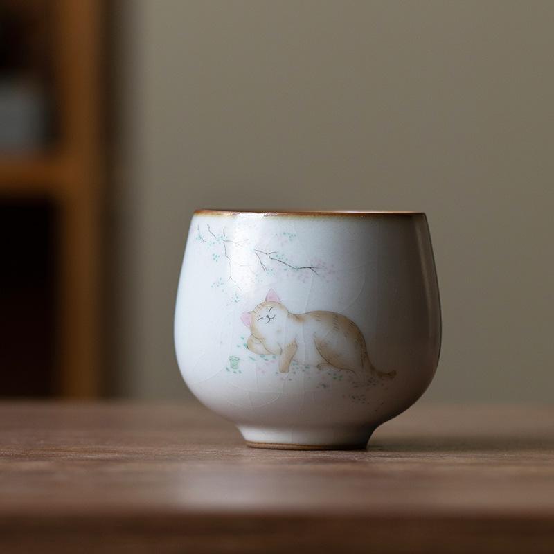 1 Pc Chinese Tradition Ru Kiln Ceramic Tea Cup Handmade Cute Cat Teacup Household Personal Tea Bowl Travel Master Cup Tea Set