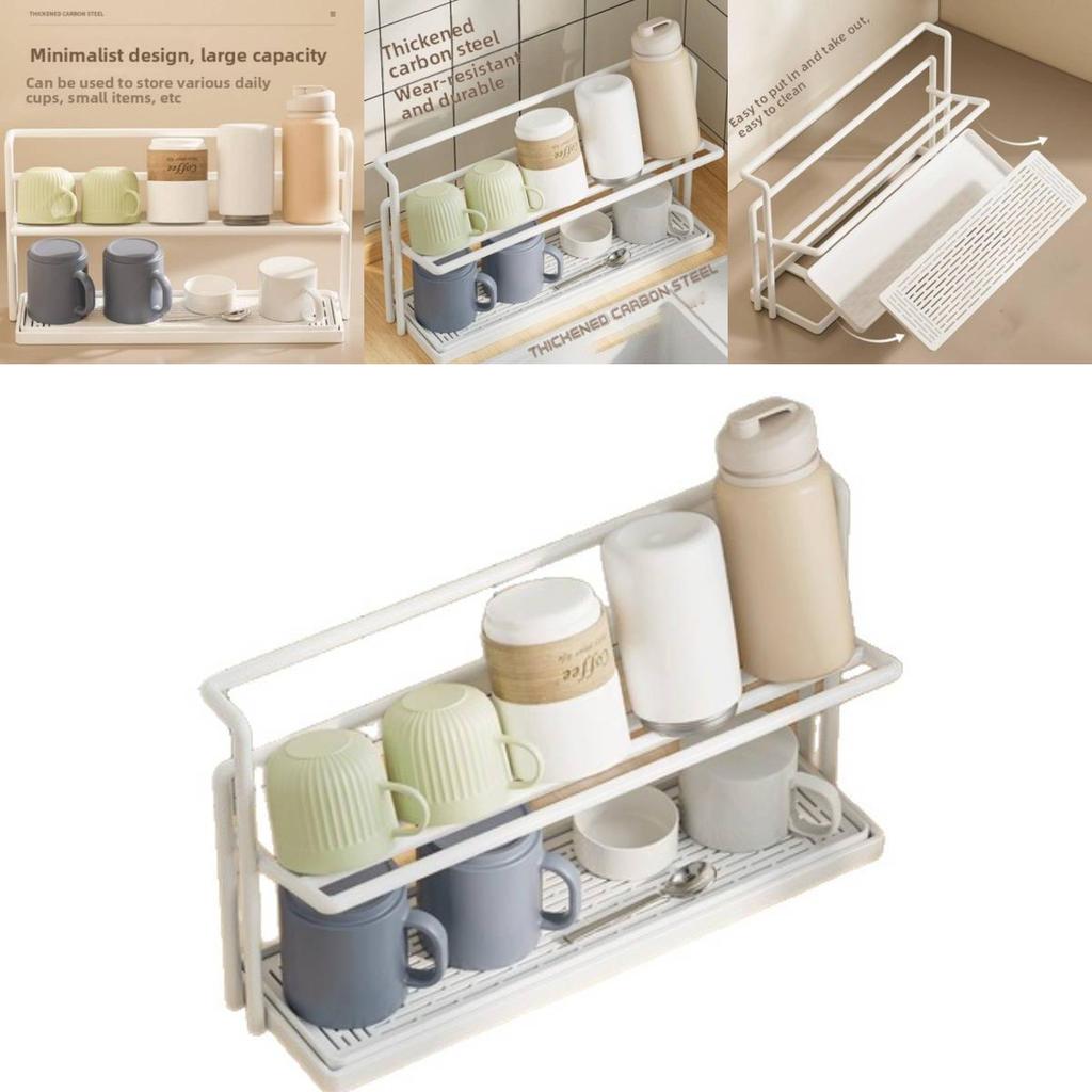 Kitchen Cup Holder Rack With Double Layer Steel Drip Tray For Home Storage Organization