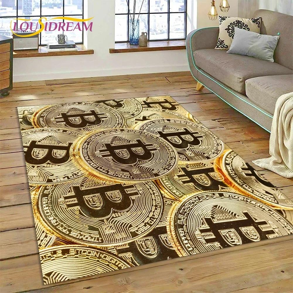 Bitcoin 3D Virtuální měna NFT Oblastní koberec Koberec pro ložnici Obývací pokoj Domácí dekorace pohovky, Dětská hra Velká dekorace Podlahová rohož