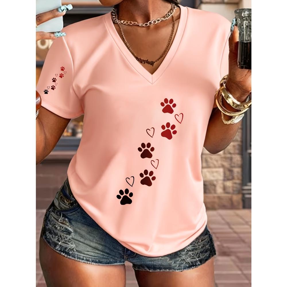 V-neck Printed T-shirt Cute Paw Print and Love Embellishment Casual Fashion Design, New In Summer