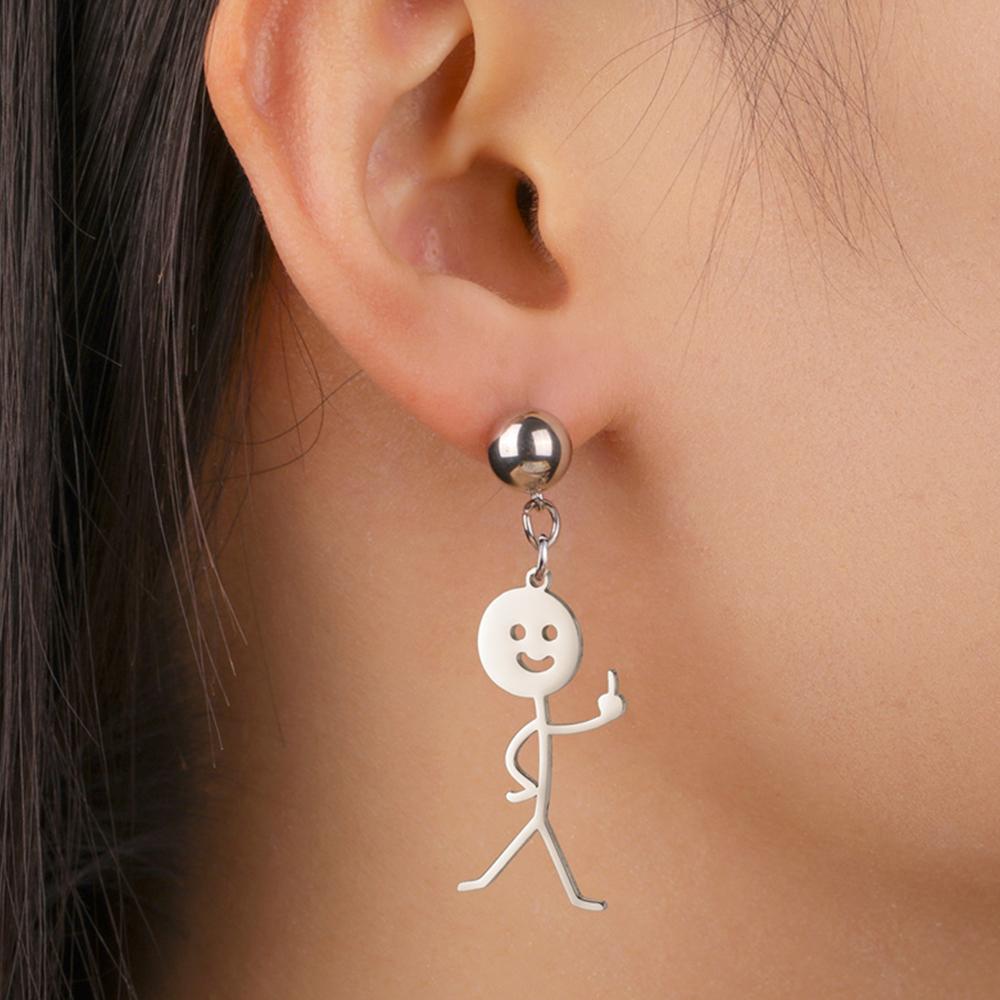 My Shape Middle Finger Stickman Earrings Funny Doodle Stud Earrings Stainless Steel Earrings Hip Hop Jewelry Valentine's Day