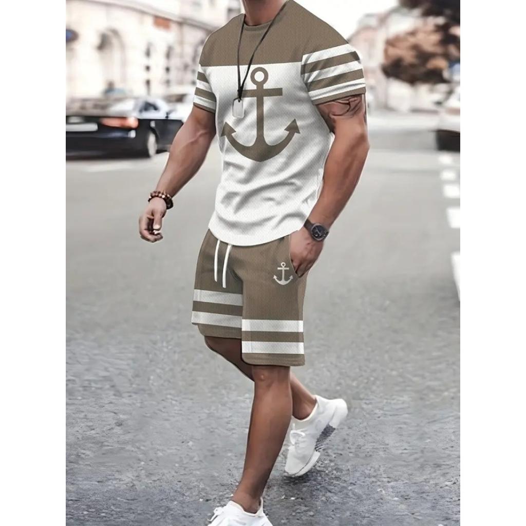 2025 Men's Short Sleeve Set Anchor Print Blue And White Summer Short Sleeve Shorts 2 Pieces Urban Fashion Street Suit