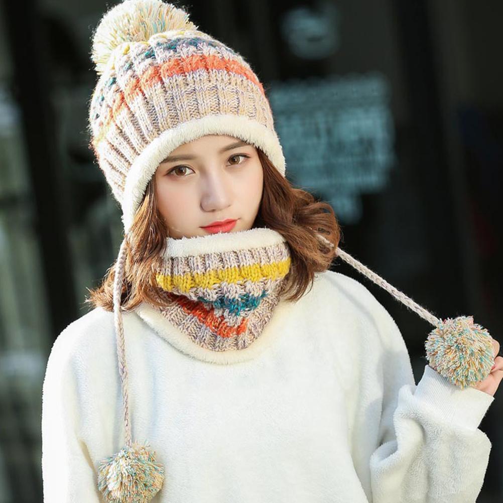 Women Knitted Beanie Hat Scarf Set Warm Thick Crochet Pompoms Hat Neckerchief for Outdoor Ski Snowboard