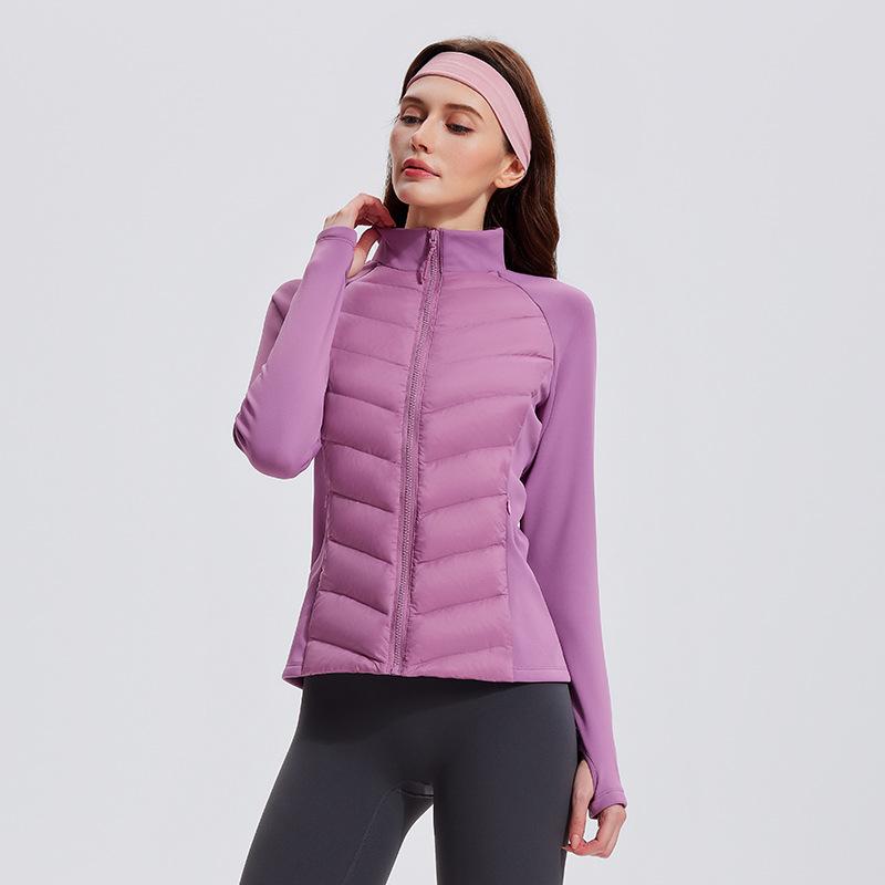 Three-proof sports down jacket women's outdoor running windproof and warm fitness top light and slim stand-up collar ribs jacket