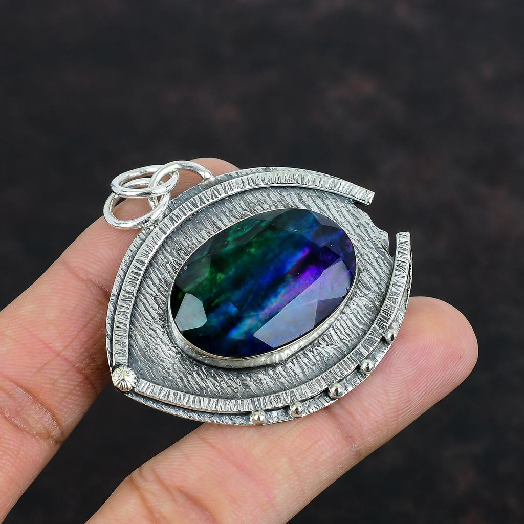 Faceted Ammolite Pendant Genuine Gemstone Jewelry Handmade Pendant 925 Sterling Silver Pendant Designer Jewelry Statement Pendant For Gifts