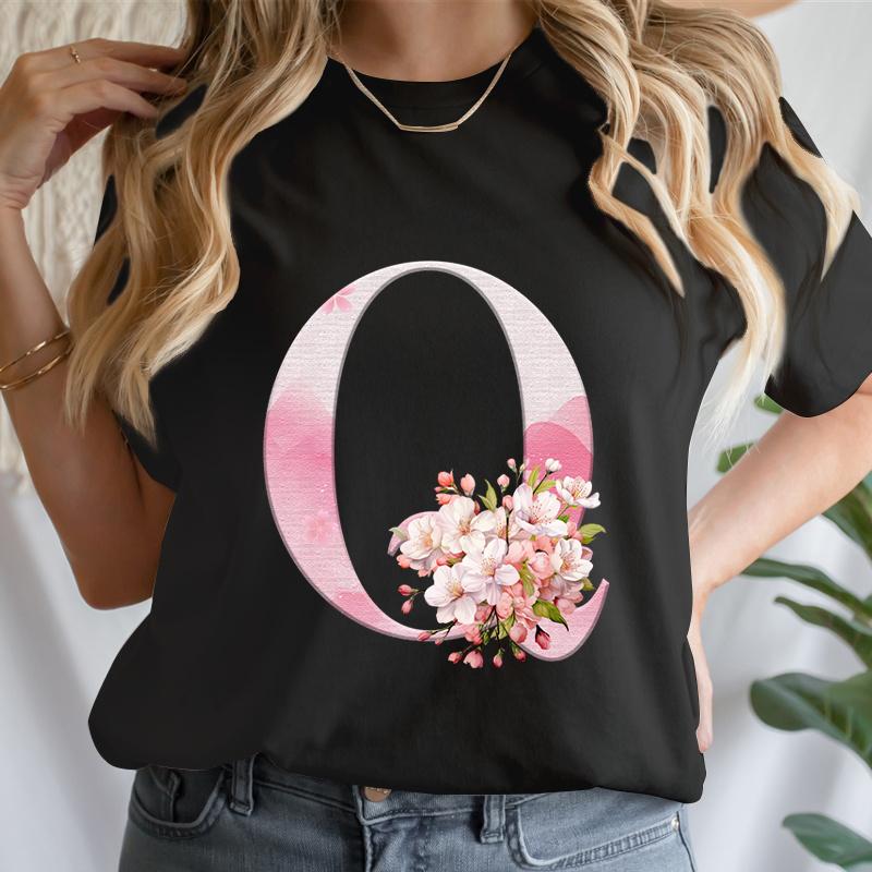 Y2k Cherry Blossom Letter Az Tshirts Unisex Pink Floral Aesthetic Alphabet Tees Short Sleeve Boho Chic Tops Mama Gifts Tshirts