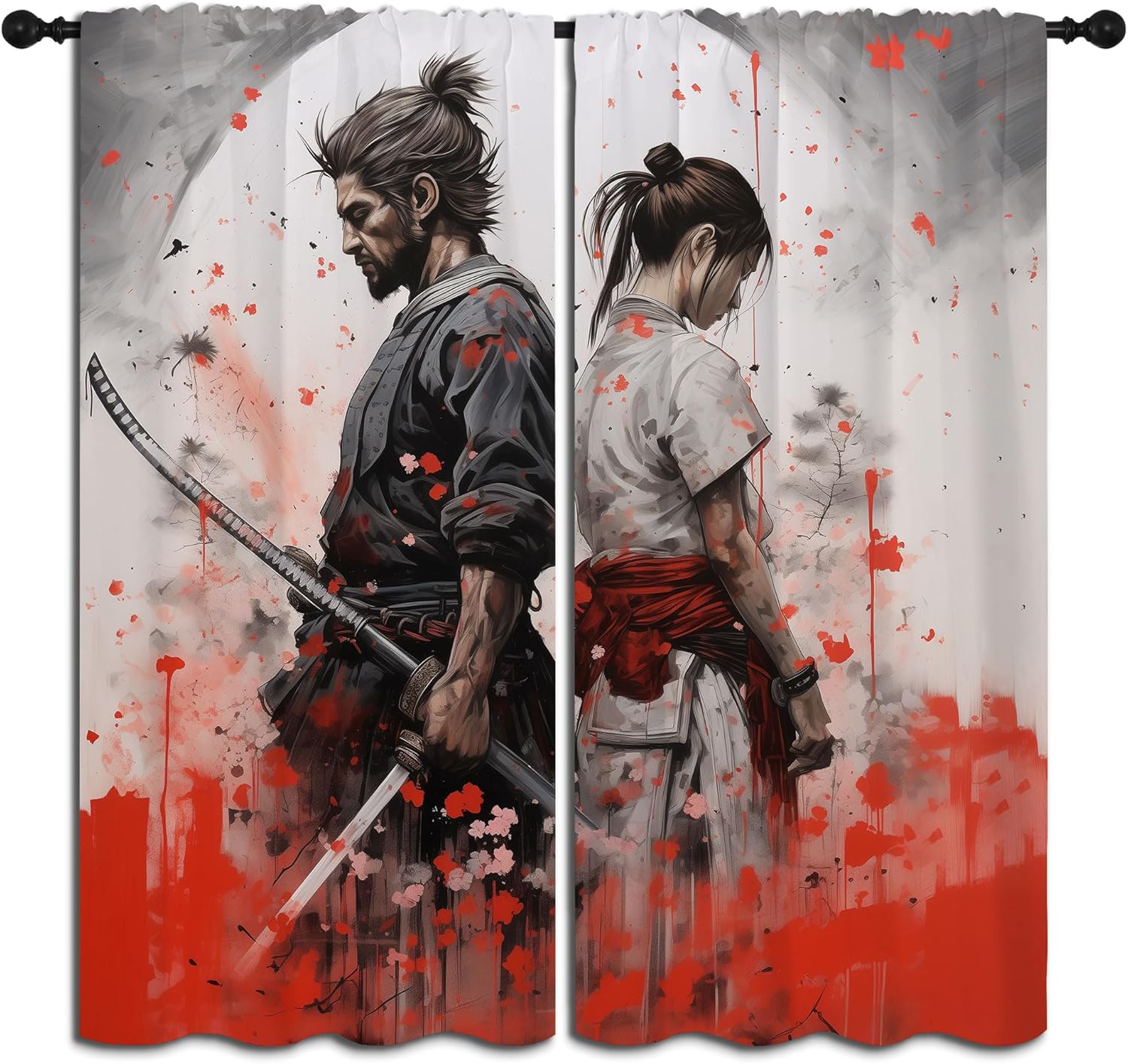 

Japanese Animation Rod Pocket Blackout Curtains For Boy Girl Bedroom, Black White Ink Abstract Art Thermal Insulated Home Window W60H190(CM)-1 Pcs