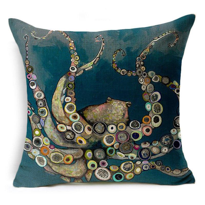 Exquisite 18" Blue Sea Animal Cotton Linen Cushion Cover For Stylish Living Spaces