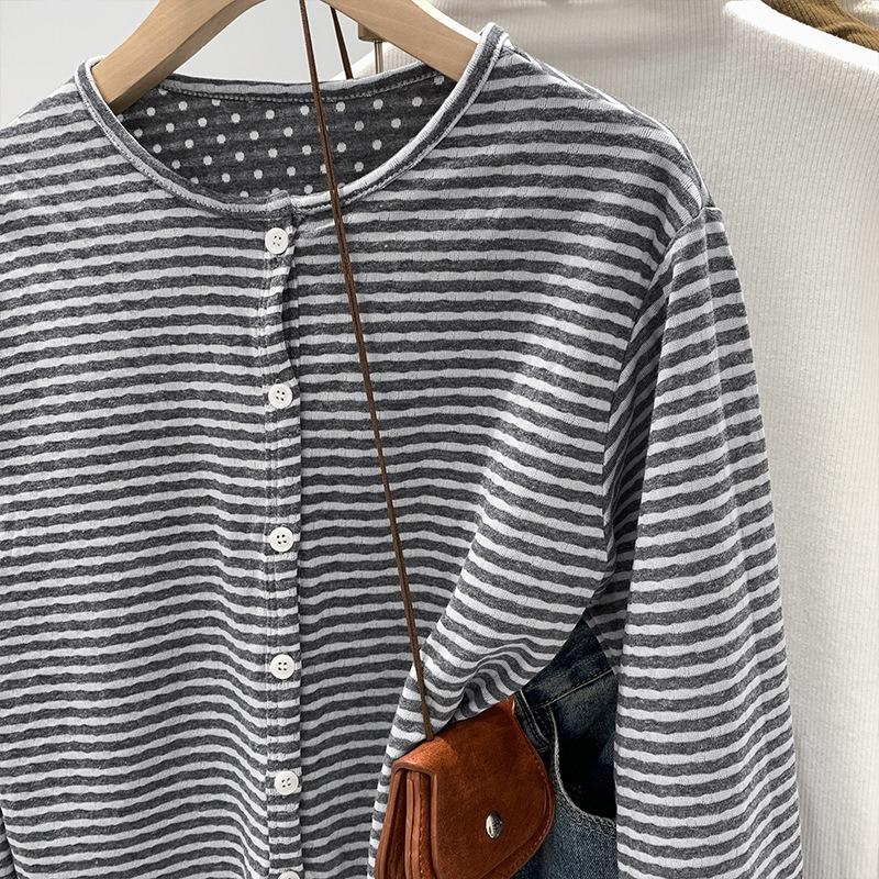Early Spring Design Striped Polka Dot Double-sided Round Neck Long-sleeved Cardigan Women's Versatile Top Jacket