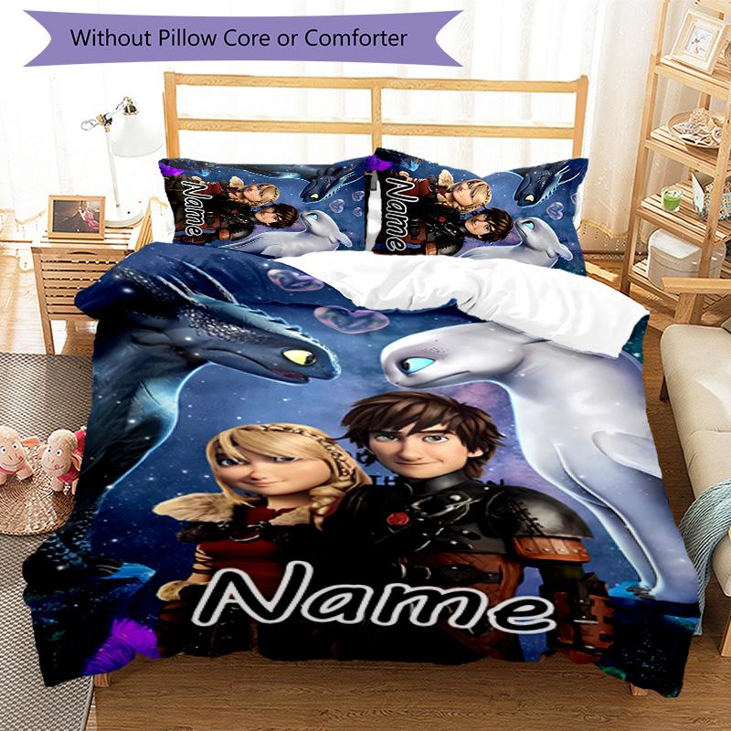 3pcs Toothless Cover Set - Personalized Name, HD Printed Bedding with 1 Cover and 2 Pillowcases - Perfect for Home Decor, Easy Care