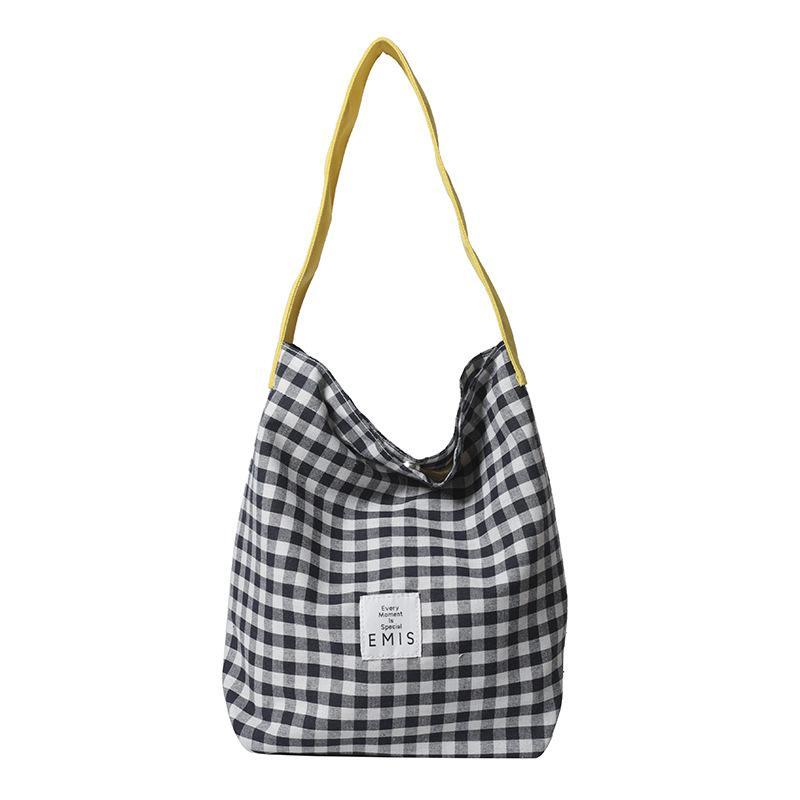 Canvas Bag Women's New Style Casual Contrast Color Plaid One Shoulder Cloth Bag College Student Literary Commuter Tote Bag