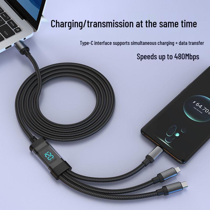 120W Super Fast Charging 3-in-1 Cable with Digital Display for Apple, Huawei, OPPO