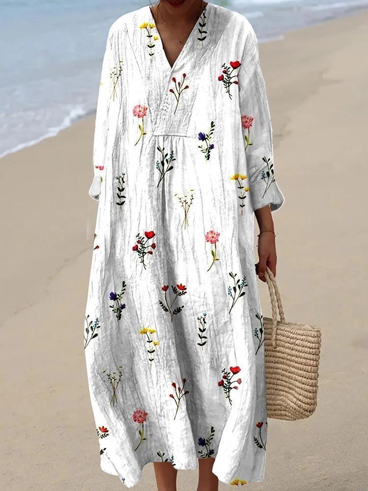 V Neck Short Sleeve Summer Beach Party Dress Loose Floral Print Women Holiday Robe Femme