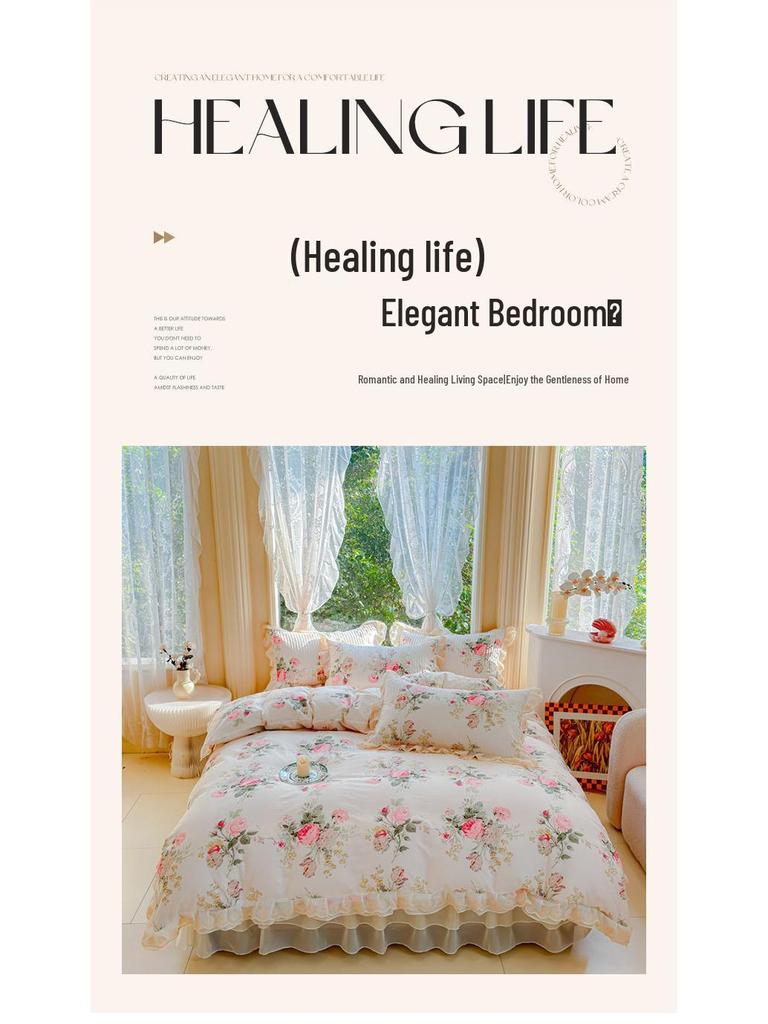 2026 Baumwoll-Print gesteppter Bettrüsche 4-teiliges Set mit Spitzenbesatz