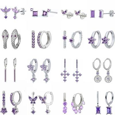 925 Sterling Silver Needle Silver Purple Crystal Pendant Hoop Earrings for Women Multi Style Exquisite Piercing Earrings Jewelry