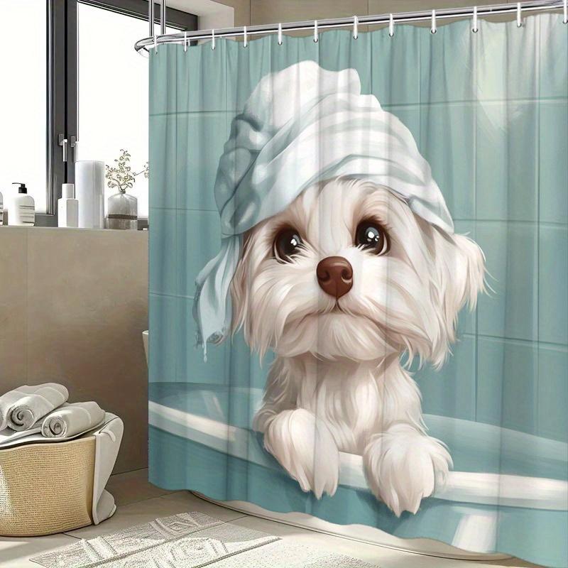 Cute Fluffy White Dog Shower Curtain - Turquoise Bathtub & Towel Design, 70.8x70.8", Polyester, 12 Hooks, Easy To Clean