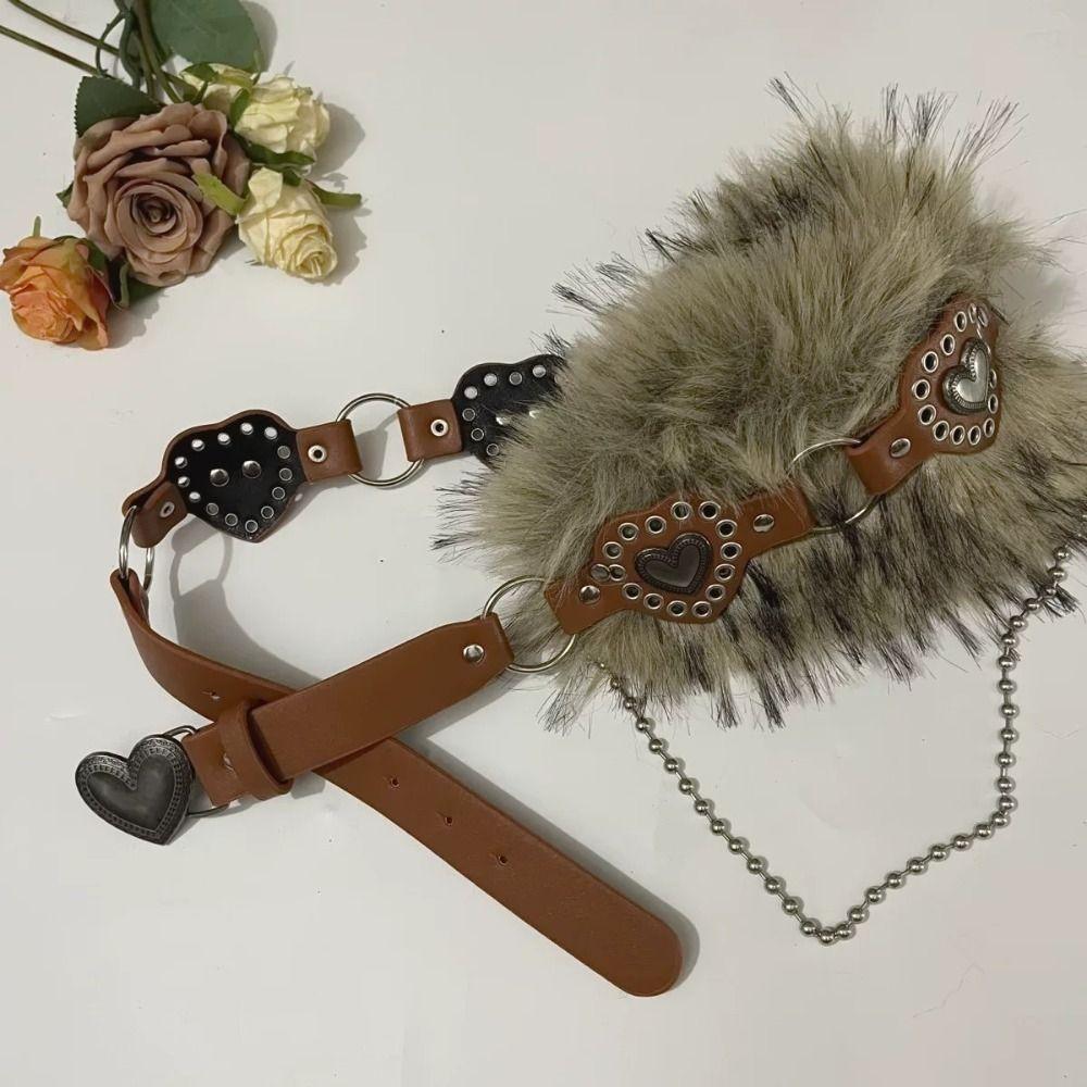 PU Leather Furry Waistband Patchwork Heart Y2K Waistband Personality Plush Belt  Female/Girls