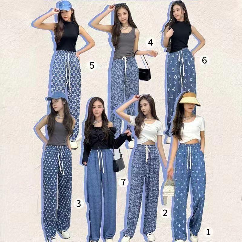 2025 Summer Fashion Imitation Denim Straight Cool Trousers High Waist Hundreds Of Thin Wide-legged Trousers Loose Thin Ladies Casual Trousers