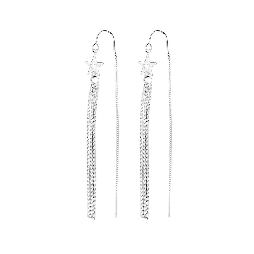 

Hollow-Out Five-Pointed Star Fringed Earrings, Sweet Girlish Feeling, Super Fairy Temperament, Simple Wind, Long Star Earrings, Korean Bronze (White Gold)