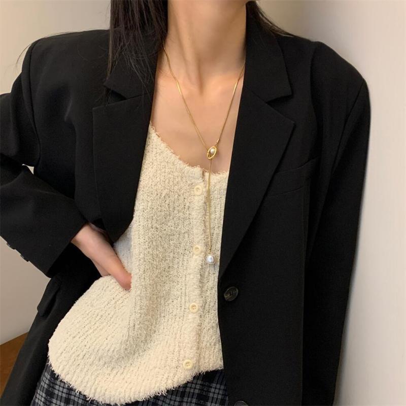 Sturdy Brass Adjustable Chain Baroque Pearls Pendant Long Necklace for Women's Fashion Sweater Chain Jewelry Accessory