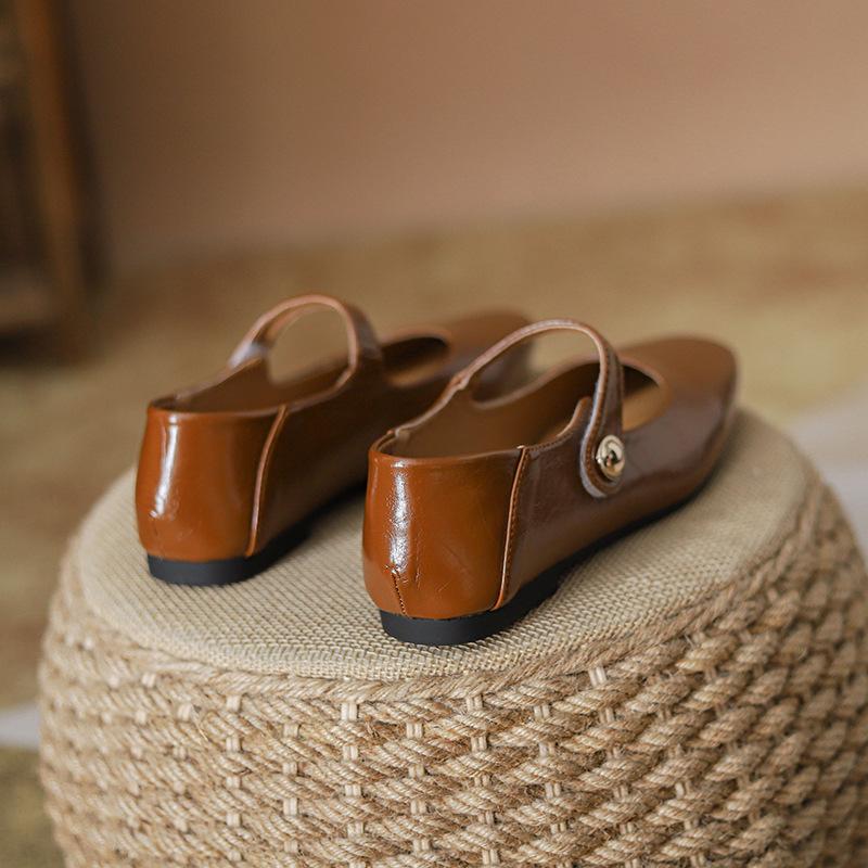 

Fashion Square Toe Brown leather mary janes shoes woman retro ankle strap flats shallow mouth moccasins comfy ballerina shoes for woman 5 коричневый