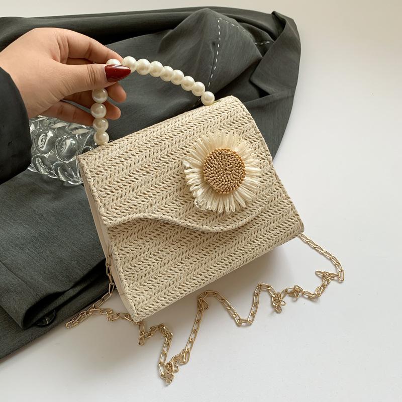Grass-woven Pearl Hand-held One-shoulder Crossbody Bag Popular Small Bag High-value Summer New Beach Square Bag