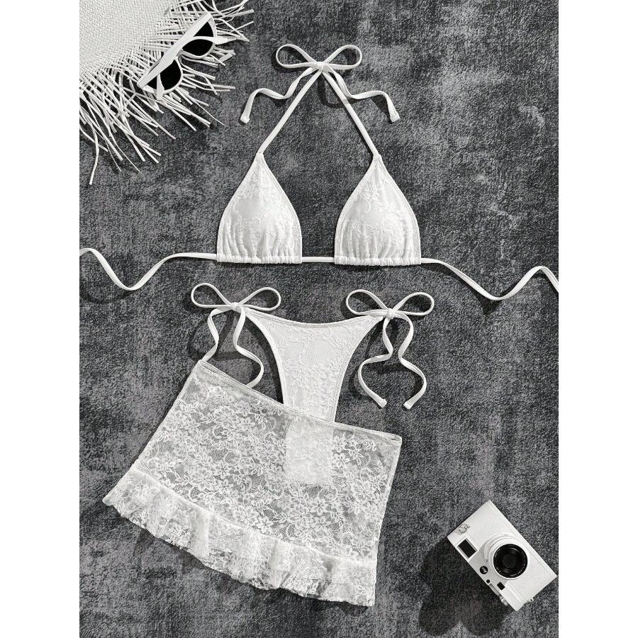 

Women s New Three Piece Skirt Set Lace Trimmed Reversible Bikini Swimsuit 0889 XL білий