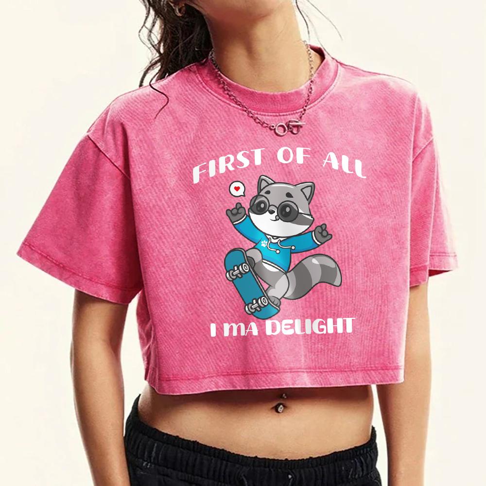Raccoons Enjoy Skateboarding Prints Women Washed Tops Fashion T-Shirt O-Neck Tee Shirts Soft Fitness Clothes Female