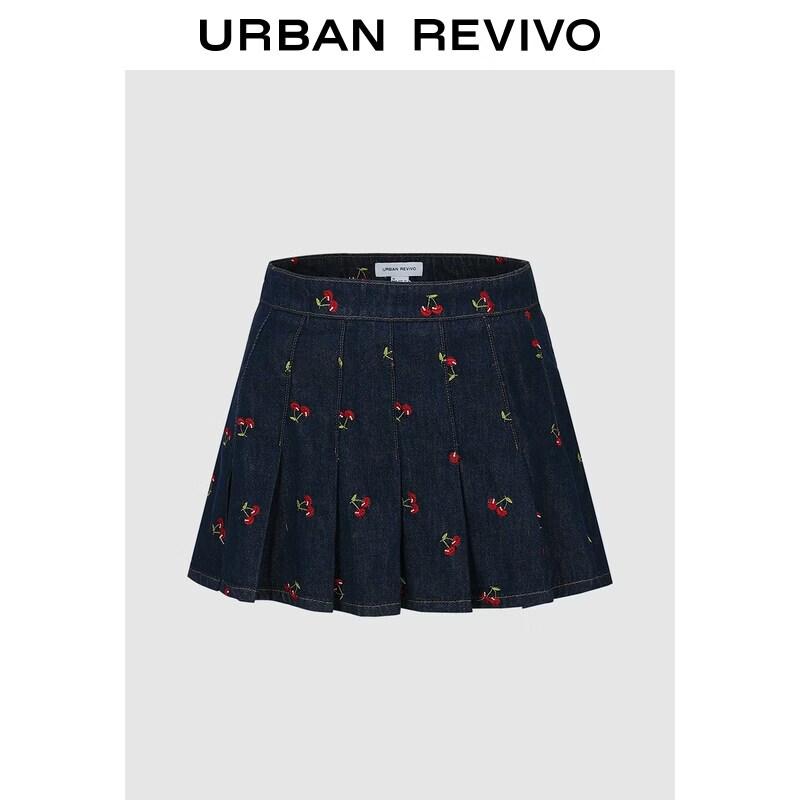 Women s Cherry Embroidered Pleated Denim Mini Skirt XS