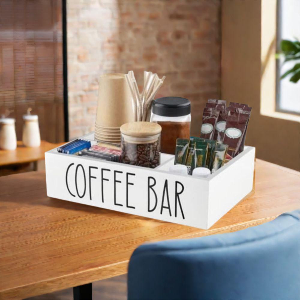 4 Compartments Wooden Coffee Bar Organizer Retro Style Condiment Storage Rack  Remote Control