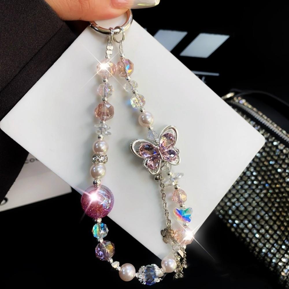Butterfly Crystal Bead Phone Strap Wrist Chain Pearl Cell Phone Chain Sparkling Handheld Mobile Phone Lanyard
