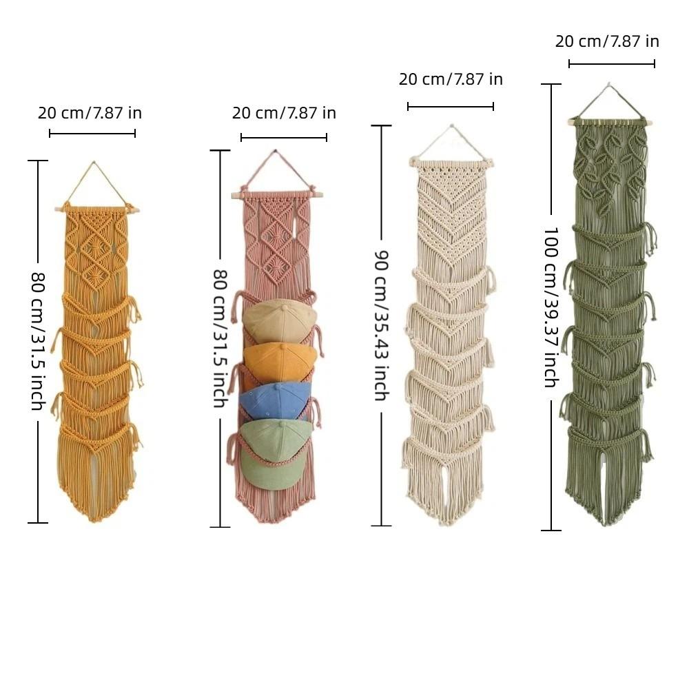 Handwoven Macrame Hat Rack Bohemian Style with Tassel Wall Hanging Cap Holder Wall-Mounted Handmade Cap Hanger Wall Mounted