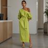 Summer Maxi Dress Women One Shoulder Long Dress, Solid Color Tie Waist Side Split Casual Party Sleeve for Dresses