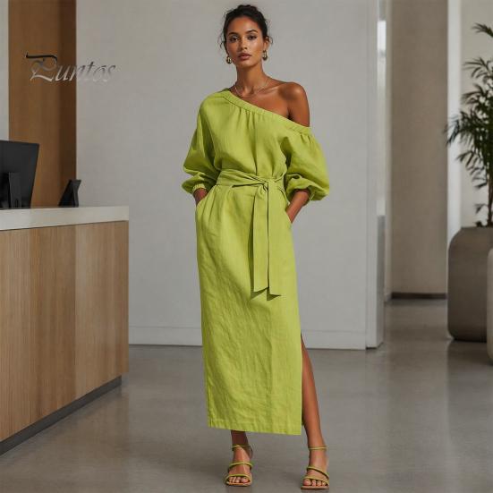 Summer Maxi Dress Women One Shoulder Long Dress, Solid Color Tie Waist Side Split Casual Party Sleeve for Dresses
