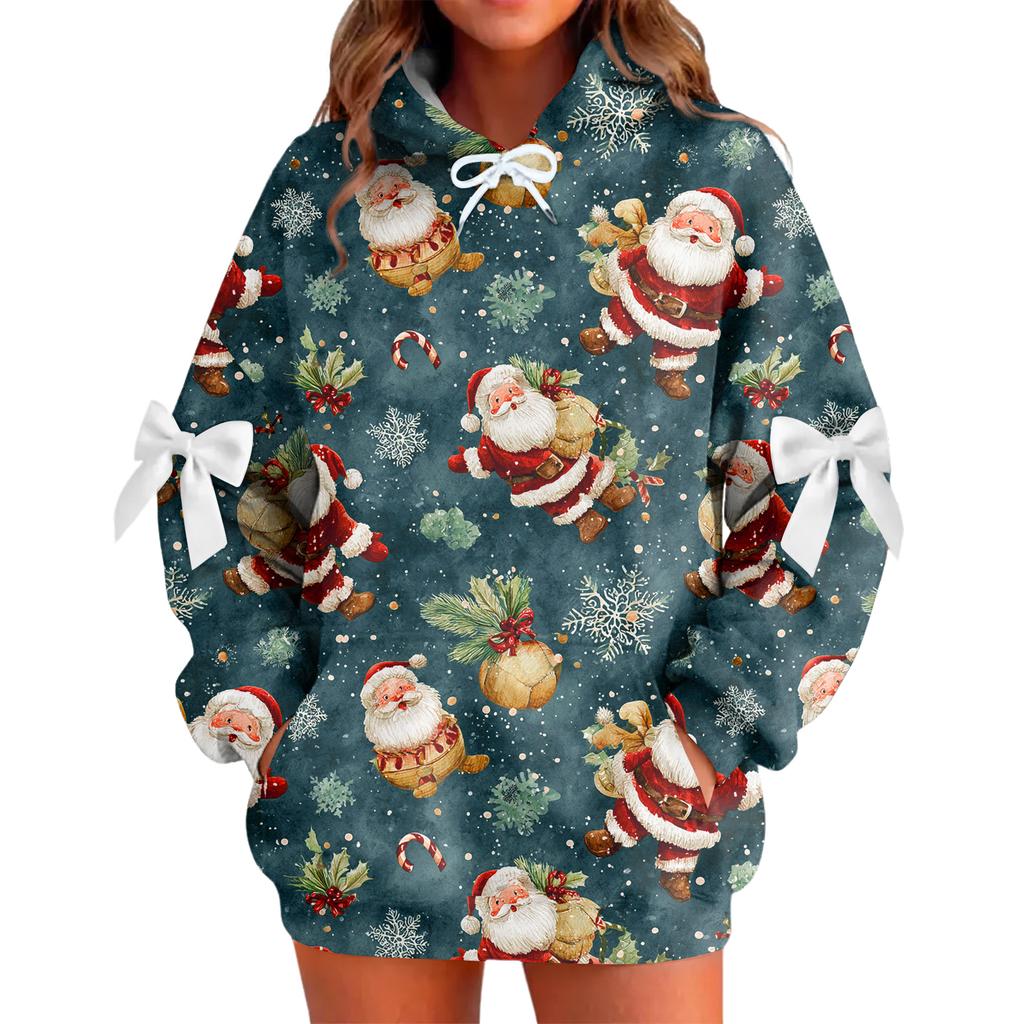 Ladies' Christmas Printed Bow Long Sleeved Loose Fitting Headband With Rope Hooded Sweatshirt Top