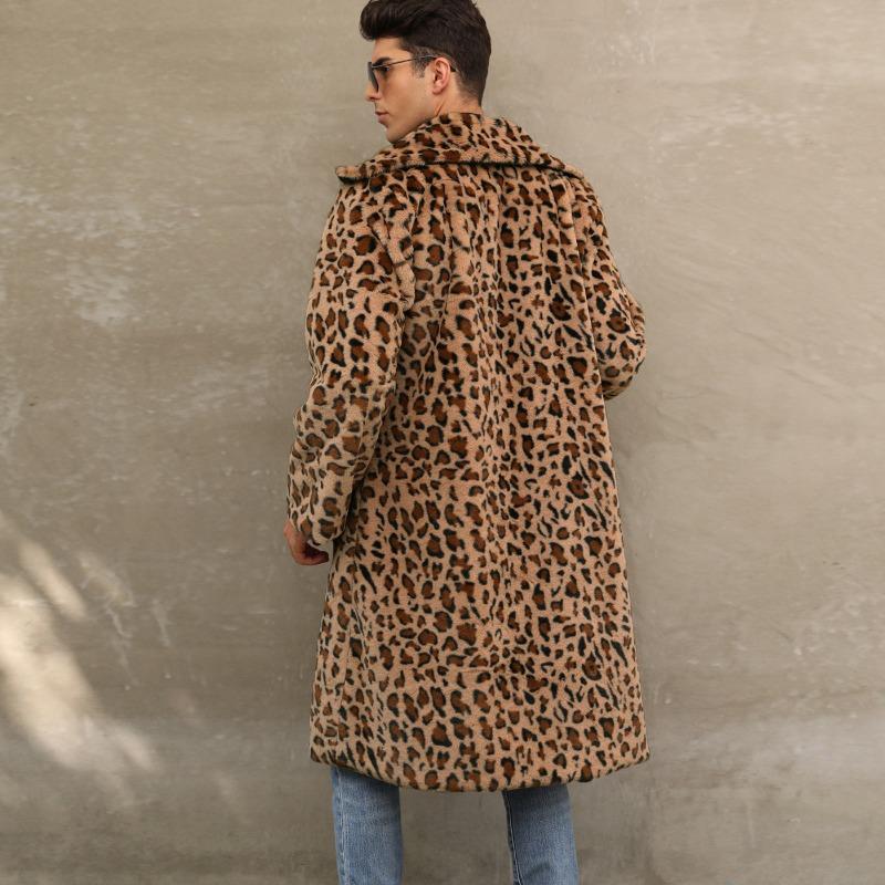 Herren Leopard Print Kunstpelz Trenchcoat Revers Mittellang Warmer Wintermantel
